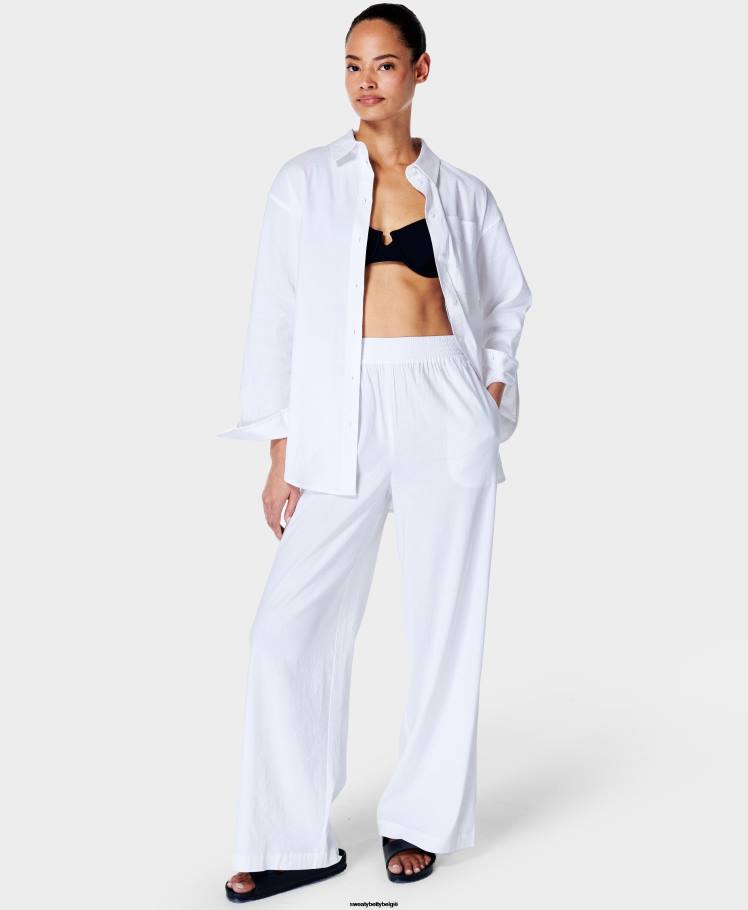 Sweaty Betty kleding R26N975 wit vrouwen zomerstretch linnen broek met wijde pijpen