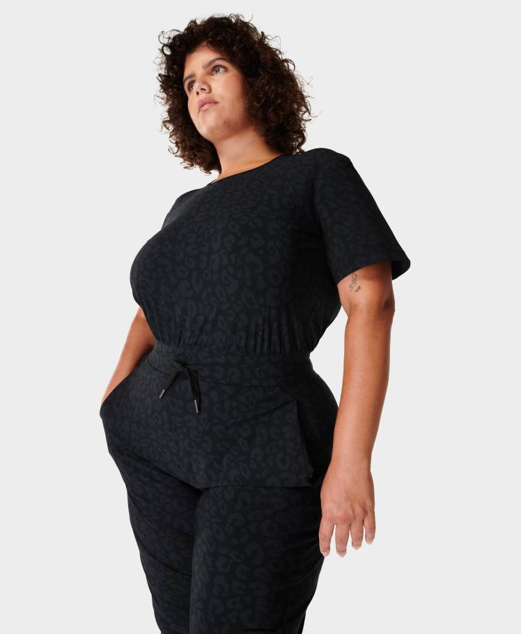 Sweaty Betty kleding R26N524 zwarte tonale luipaardprint vrouwen ontdekkingsreiziger jumpsuit