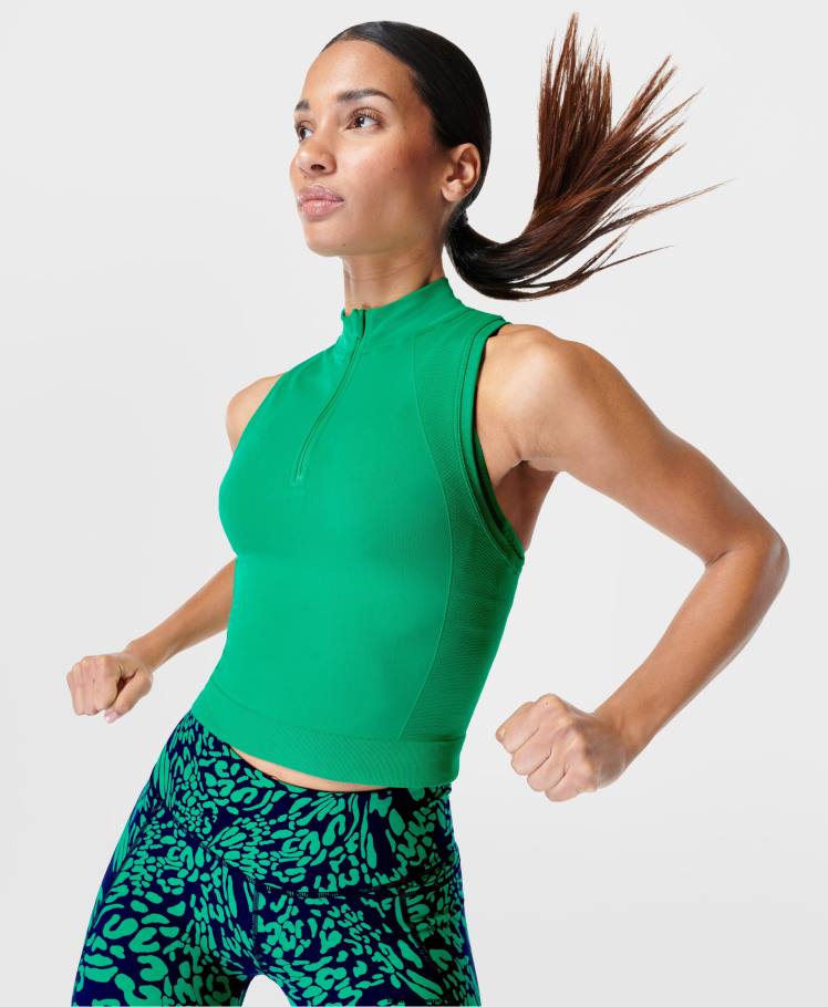 Sweaty Betty kleding R26N903 levendig groen vrouwen naadloze trainingstank met halve rits voor atleten