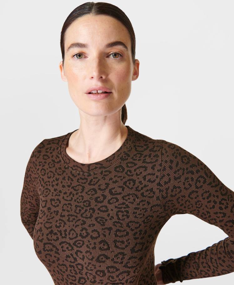 Sweaty Betty kleding R26N156 bruine luipaardmarkeringen print vrouwen glinsterende naadloze top met lange mouwen